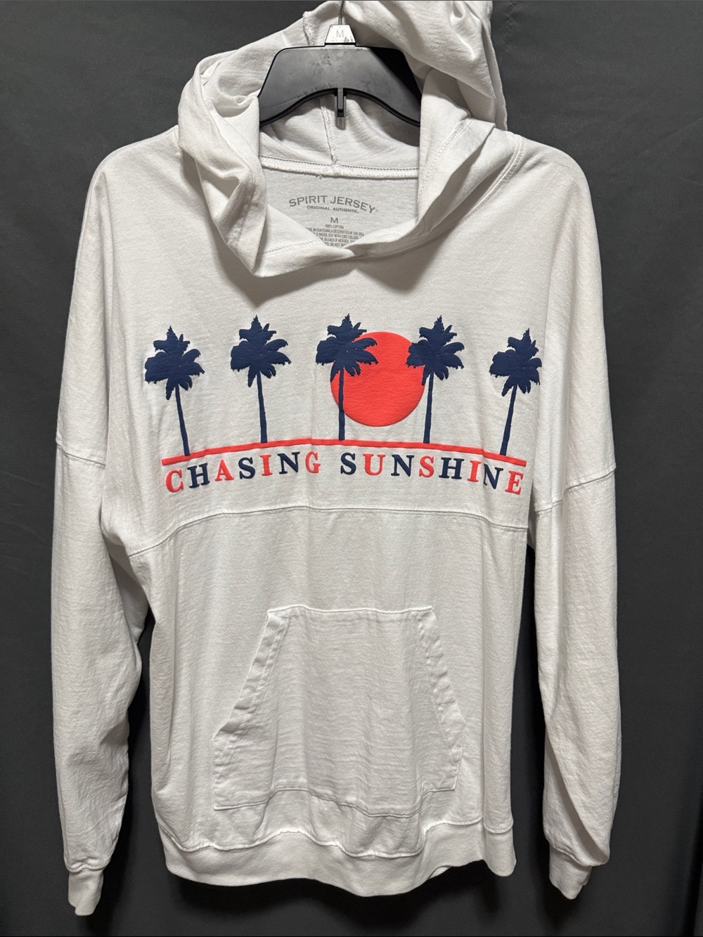 Spirit Jersey chasing Sunshine Palm Tree Hoodie White with Navy & Coral Graphic